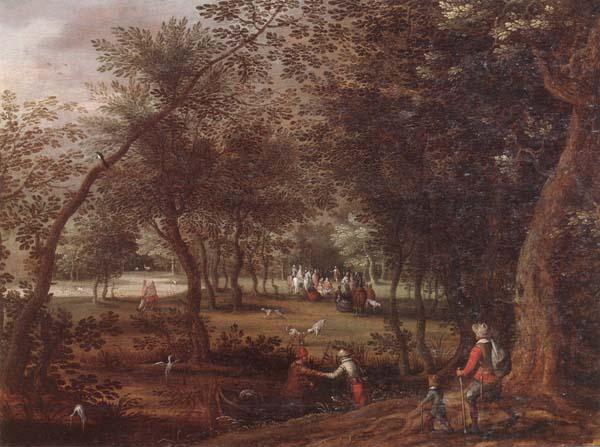 David Vinckboons A wooded river landscape with saint john the baptist preaching inthe distance oil painting image